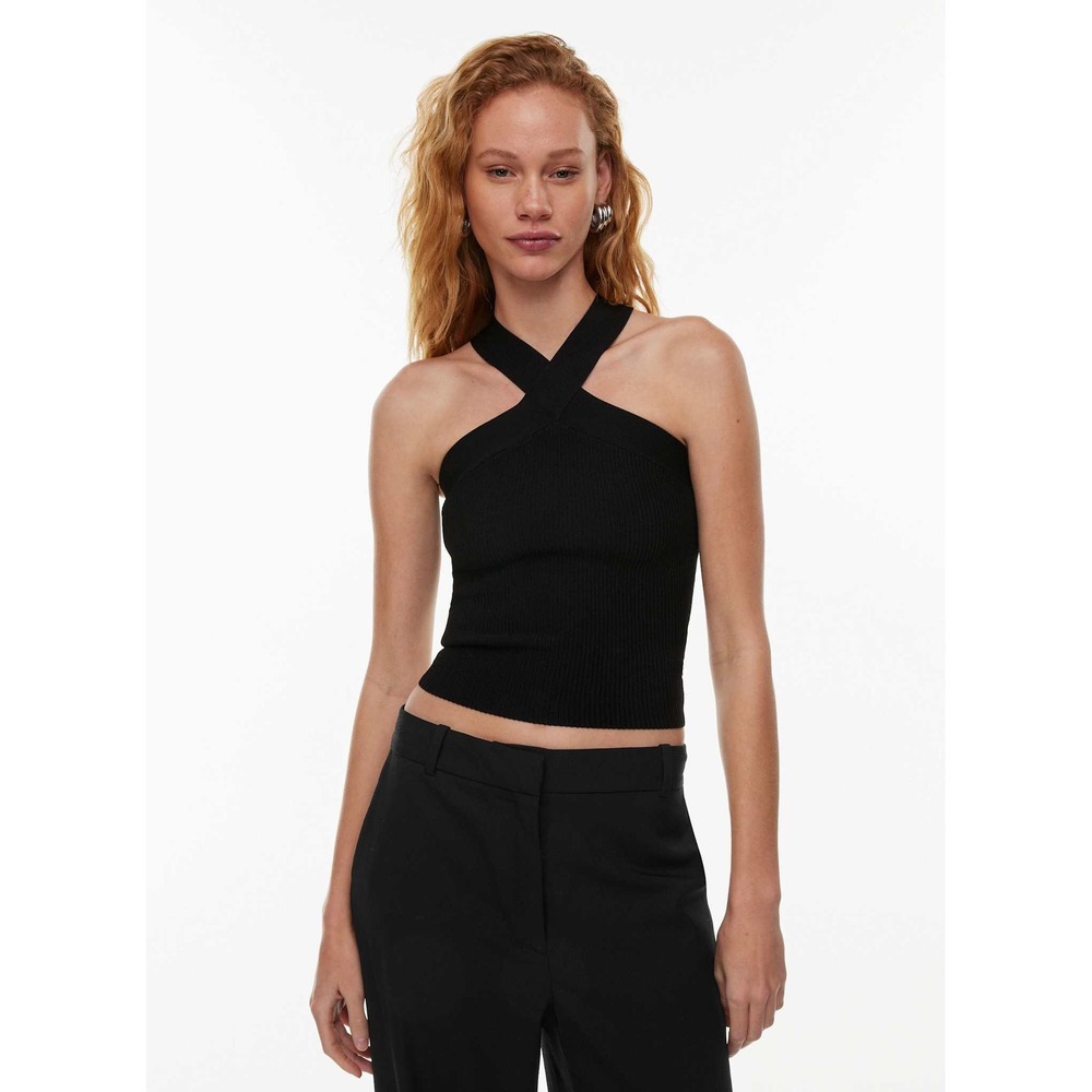 Babaton Sculpt Knit Criss Cross Tank Black Ribbed Halter Top Size M